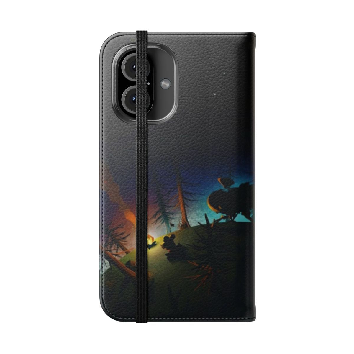 Flip cover phone case featuring an illustration inspired by the video game Outer Wilds, with a galaxy and stars design. - Folded Front