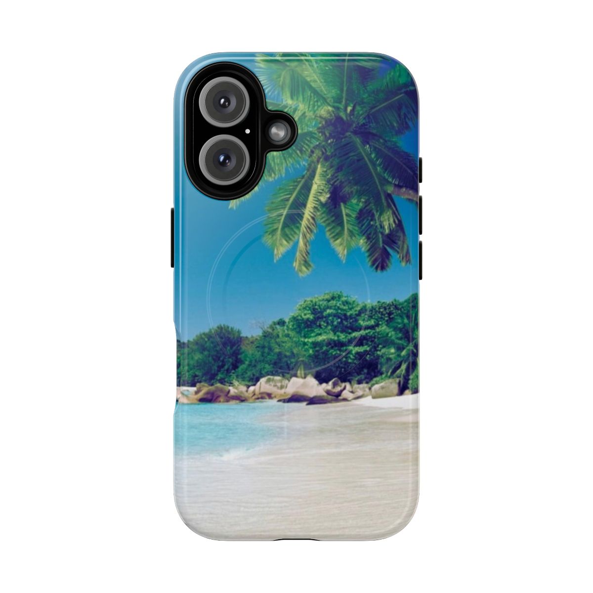 A beautiful phone case featuring a paradisiacal landscape with Caribbean palm trees and a vibrant blue sky.