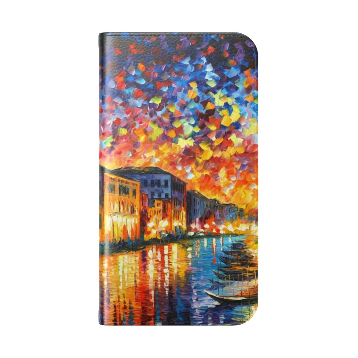 Colorful flip phone case featuring a Leonid Afremov-inspired cityscape of the iconic Venice canals - Folded Back