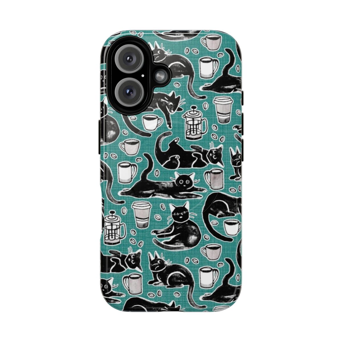 Black cats painted in gouache on a teal phone case with a repeating pattern