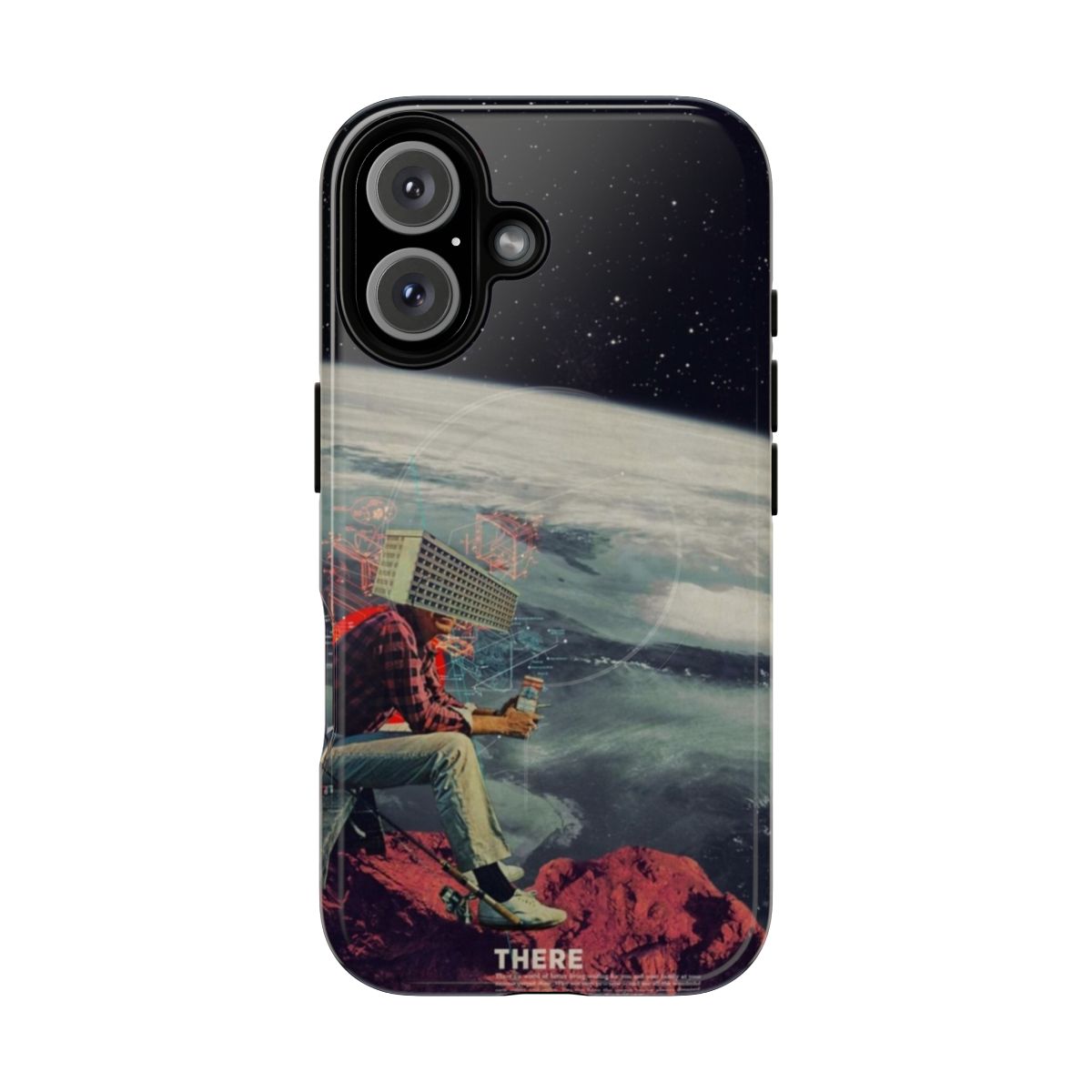 Vintage-inspired magnetic tough phone case featuring a surreal collage design with retro architecture and space elements.