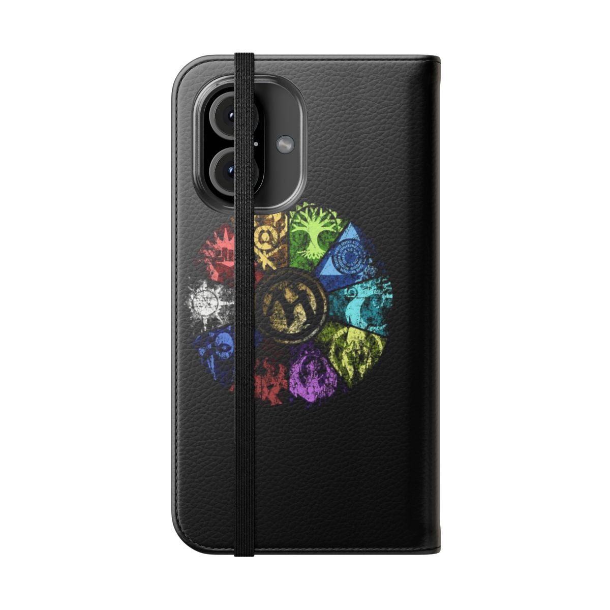 A flip cover phone case featuring a faded, stylized design inspired by the guilds and mana symbols of the Magic: The Gathering trading card game. - Folded Front