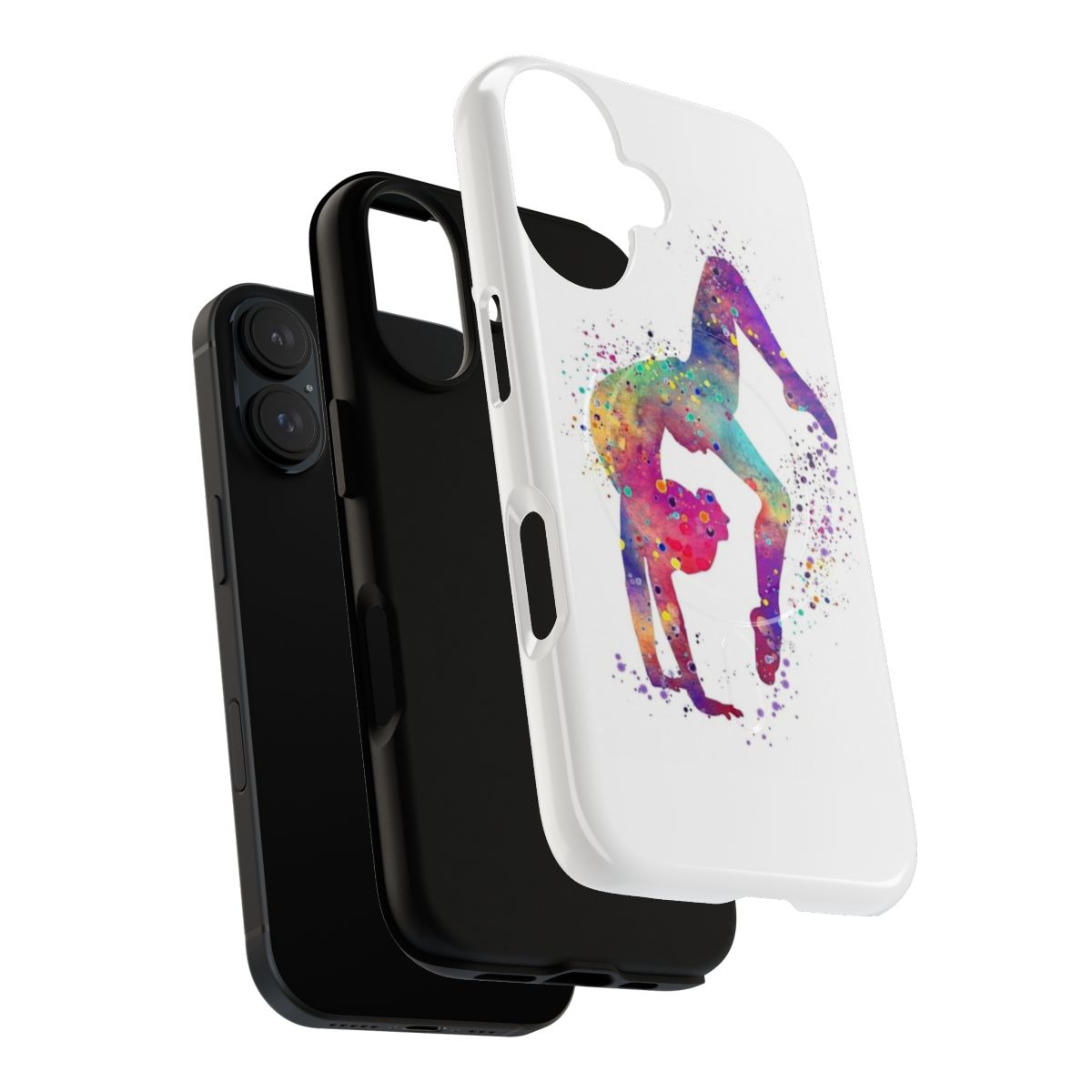 Colorful watercolor art of a gymnast tumbling on a magnetic phone case - Layers