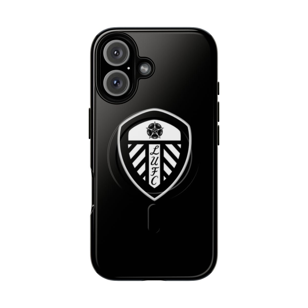 Black and white art design phone case featuring the Leeds United FC logo