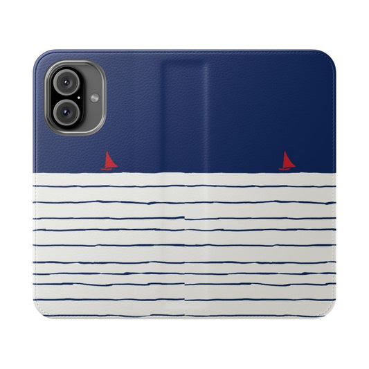 A flip cover phone case featuring a scenic sailing, ocean, and sky design.