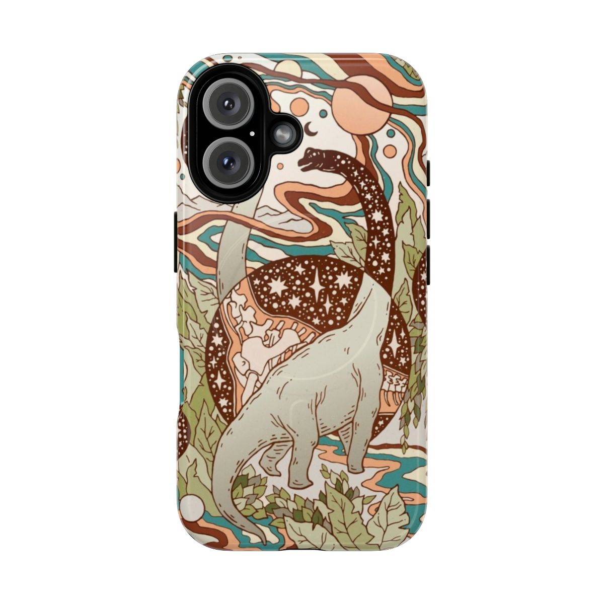 Retro rainbow palette design with dinosaur skeleton, space galaxy, and psychedelic elements on a magnetic tough phone case.