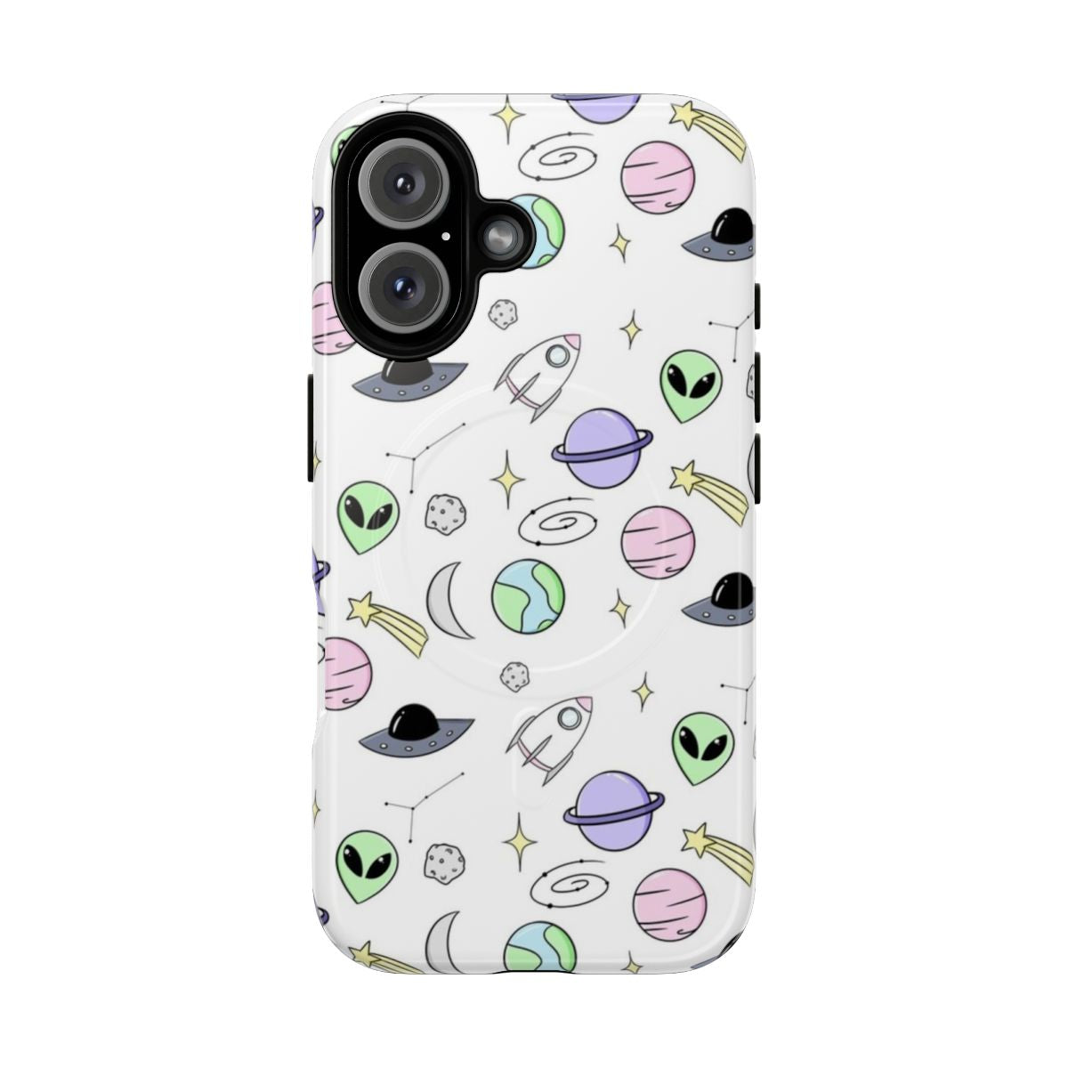 Cosmic pastel space aesthetic phone case with planets, stars, and galaxy design