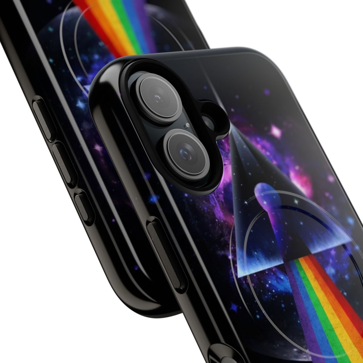 Magnetic phone case with a space and galaxy design inspired by the iconic Pink Floyd album The Dark Side of the Moon - Detail