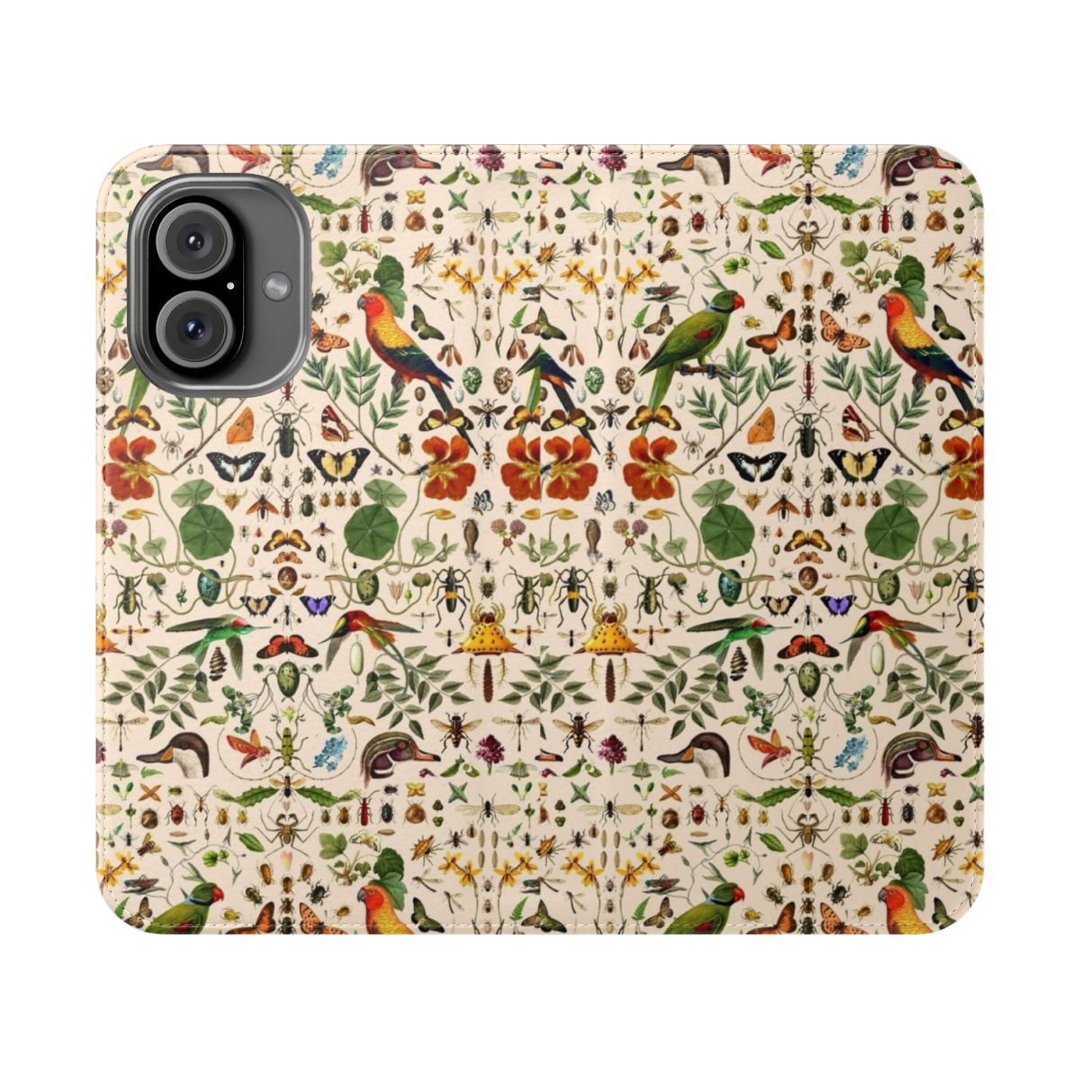 Colorful collage of nature elements including butterflies, birds, and flowers on a phone case.