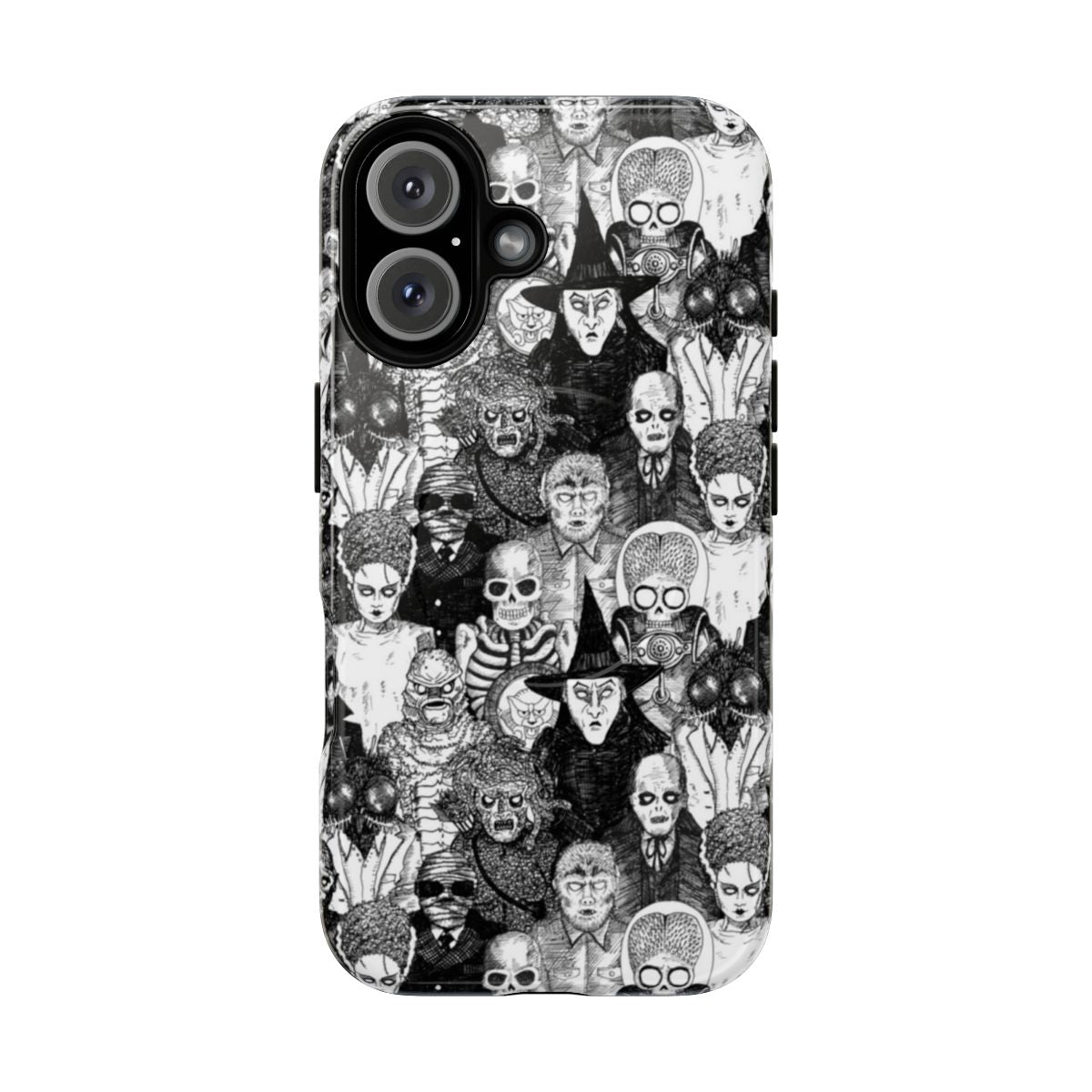 Spooky magnetic tough phone case featuring horror movie monsters in black and white