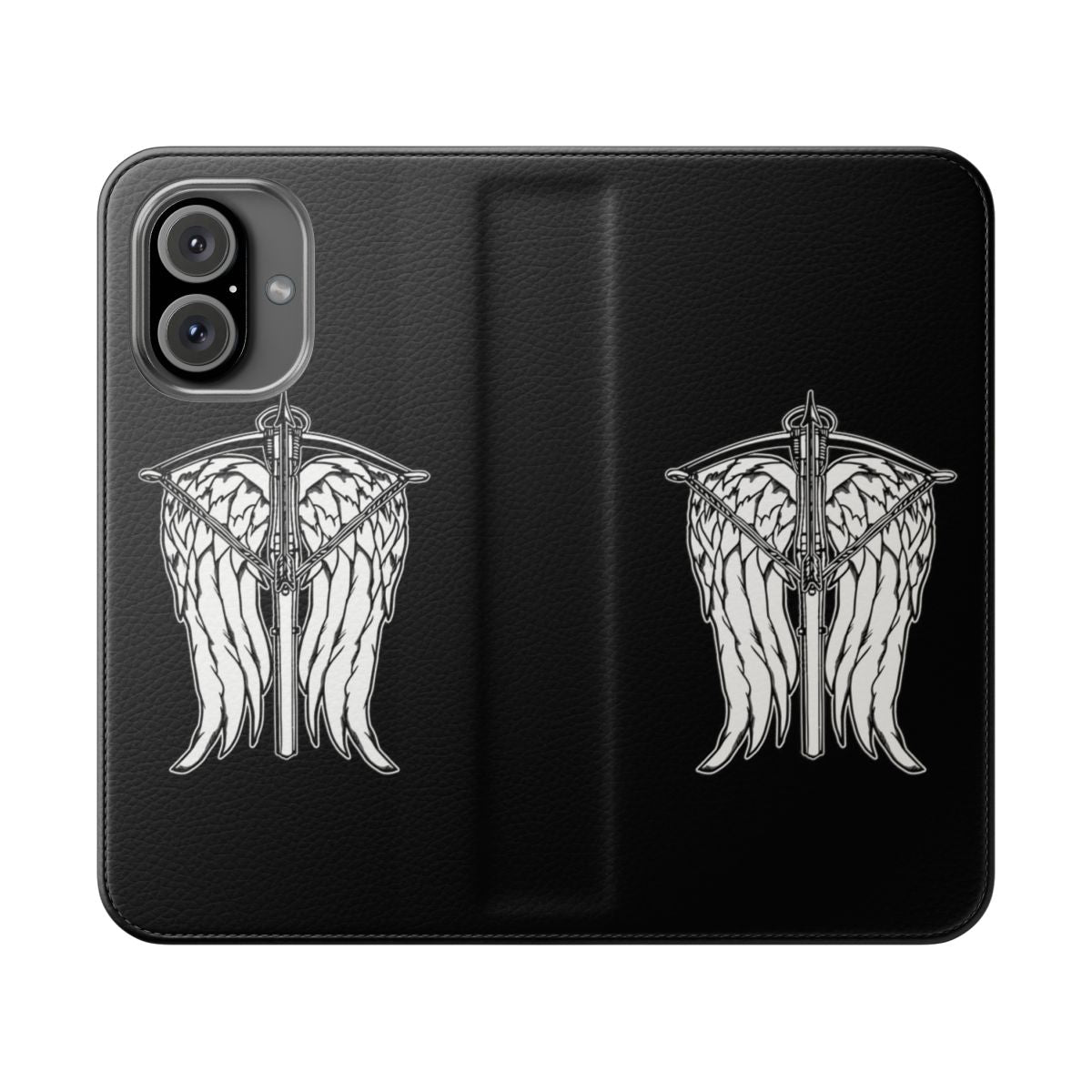 Flip cover phone case with angel wings and crossbow design, inspired by the TV series The Walking Dead.