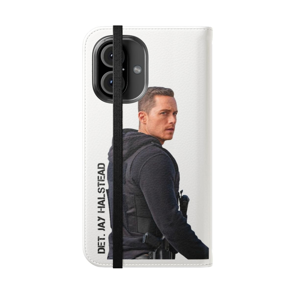 Flip cover phone case with a design inspired by the Chicago P.D. TV show and character Jay Halstead, played by Jesse Lee Soffer. - Folded Front