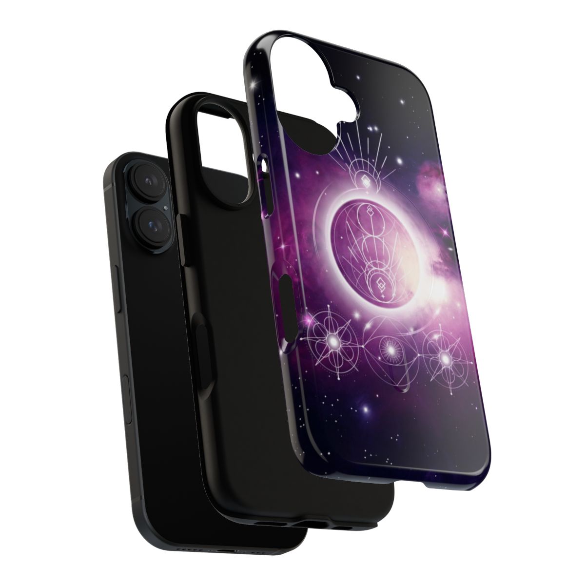 Cosmic phone case with vibrant sacred geometry patterns and abstract nebula designs - Layers