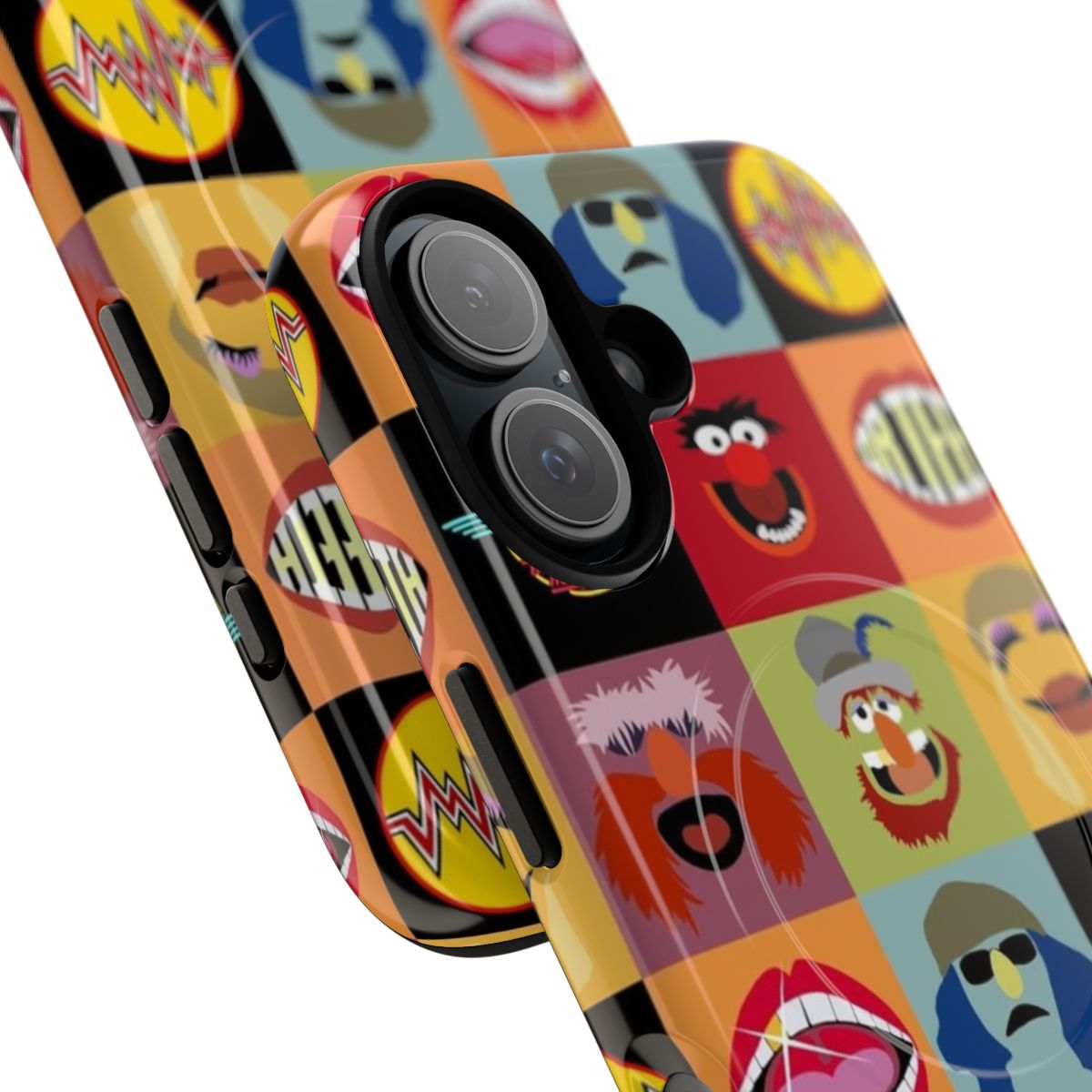 Colorful phone case featuring characters from the Muppets like Miss Piggy, Kermit the Frog, and the Electric Mayhem band. - Detail