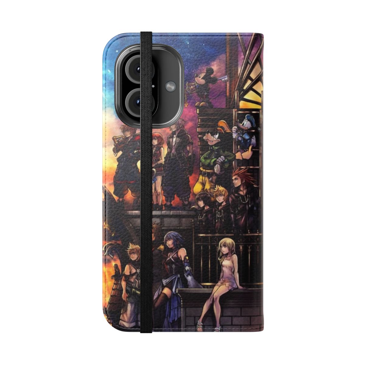 Kingdom Hearts 3 inspired flip cover phone case with Sora, Donald, and Goofy - Folded Front