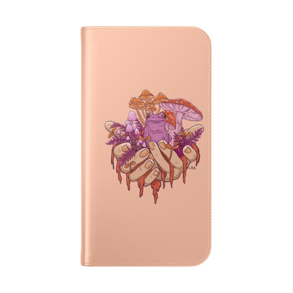 Flip phone case featuring a sapphic design with a frog and toadstool in a magical, enchanted forest setting. - Folded Back