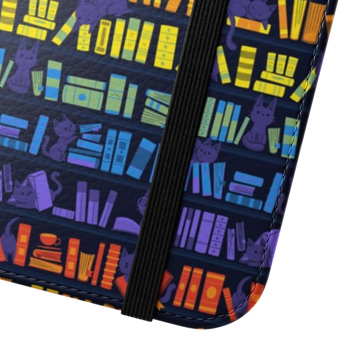 A colorful phone case featuring adorable kittens surrounded by books and a rainbow. - Close Up