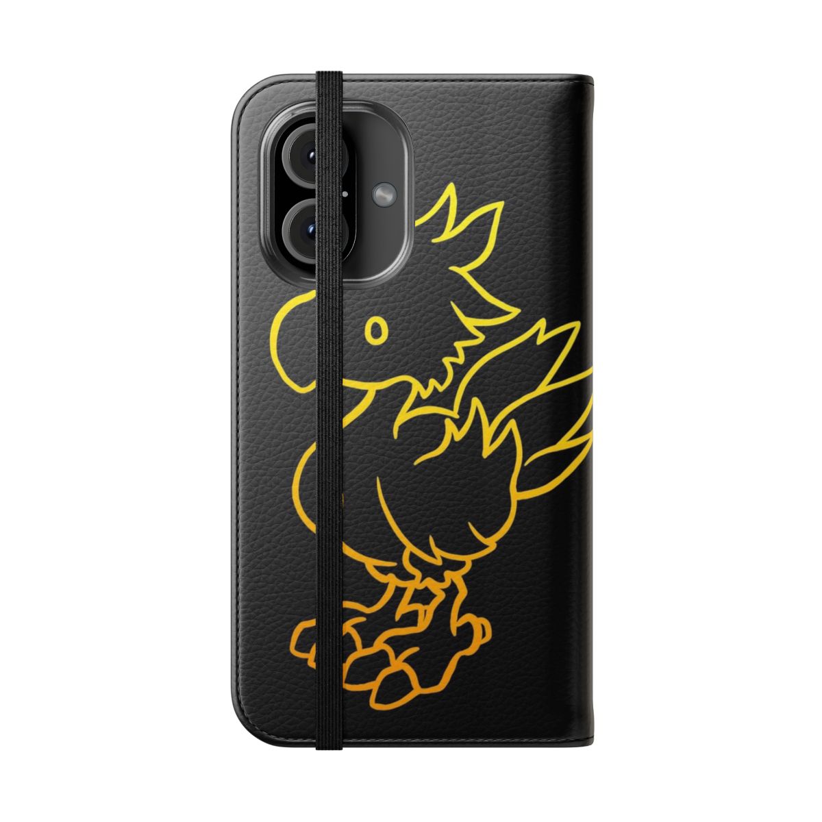 Minimalist phone case featuring a stylized yellow chocobo design, inspired by the popular Final Fantasy video game series. - Folded Front