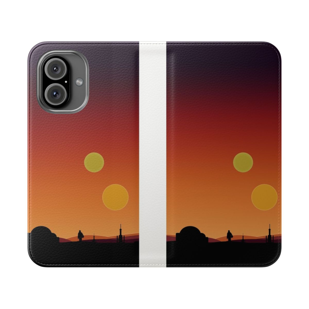 "Binary sunset-themed flip cover phone case with sci-fi art design"