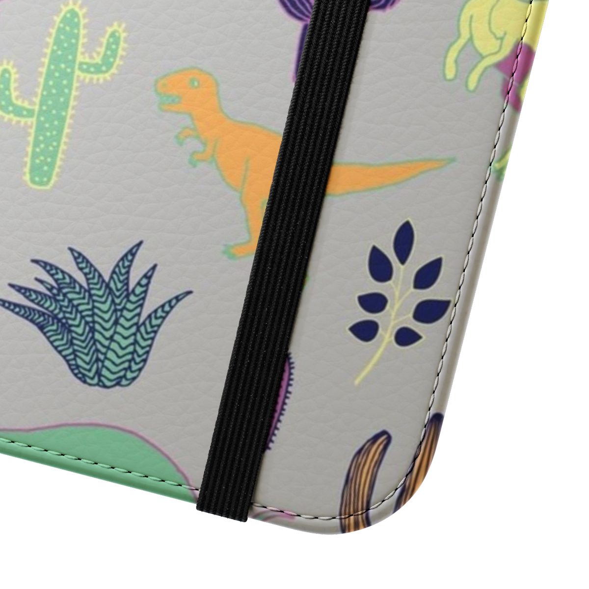 Colorful phone case with a dinosaur and desert pattern in pastel colors - Close Up