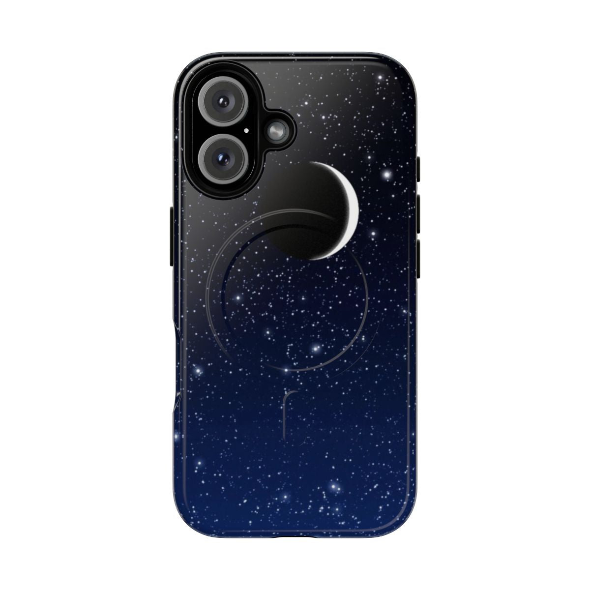 Starry night sky phone case with crescent moon in midnight blue color