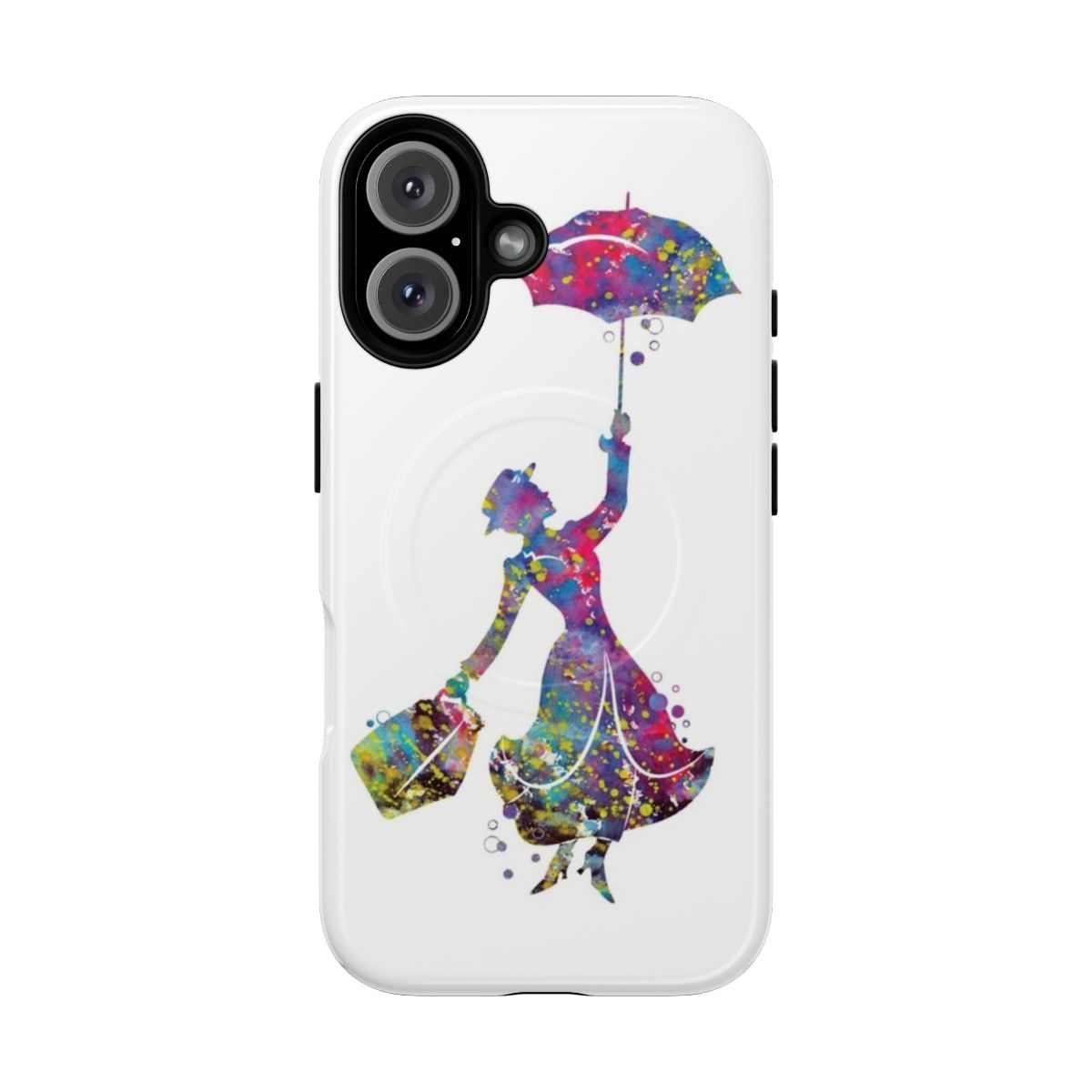 Colorful watercolor silhouette of Mary Poppins on a pink and purple phone case