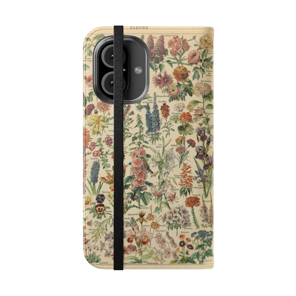 Vintage flower poster design on a phone case with botanical leaves and nature inspired florals. - Folded Front