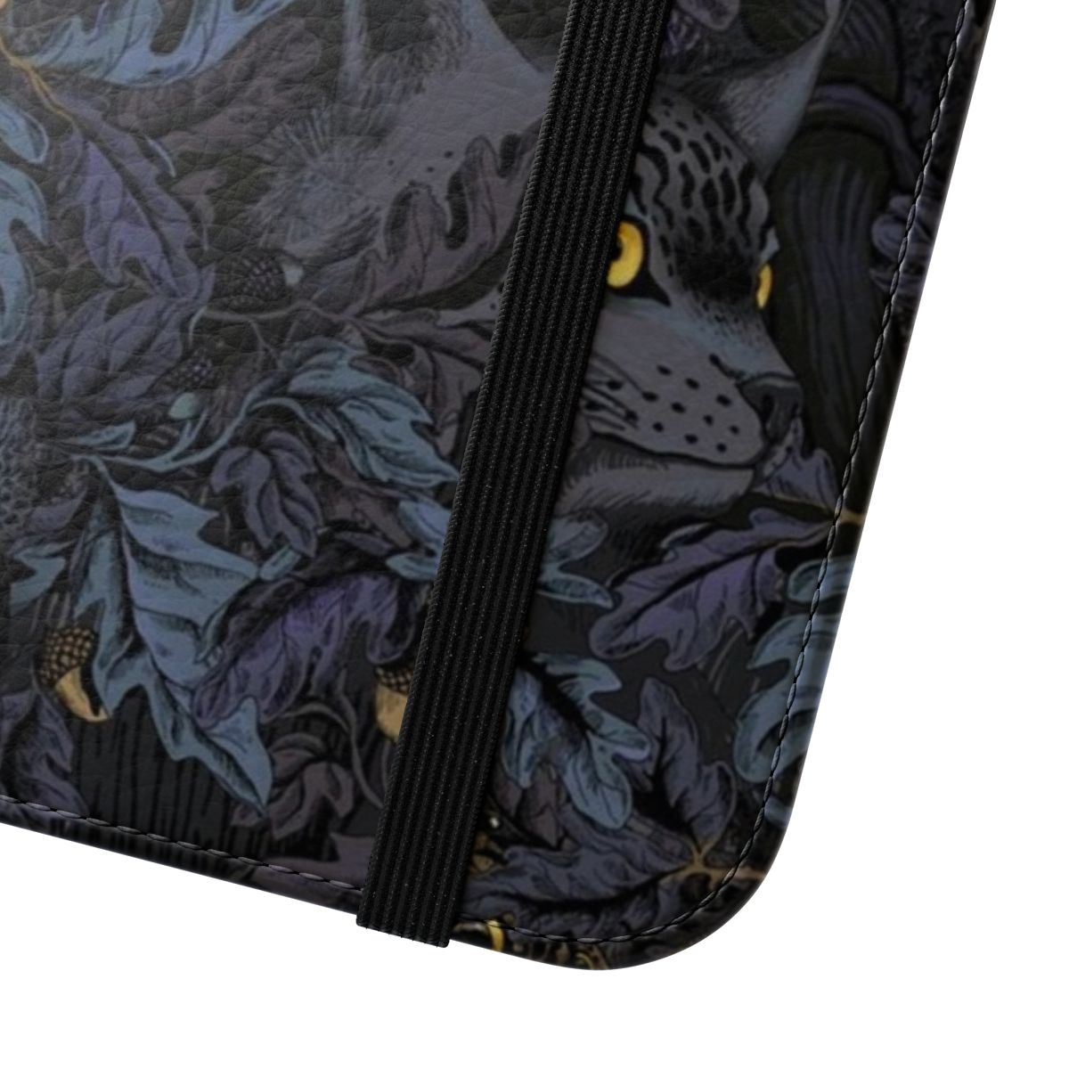 Flip cover phone case with a nature-inspired camouflage design in shades of blue - Close Up