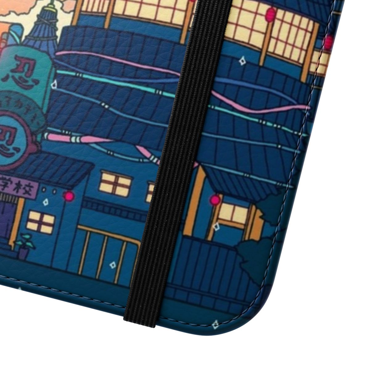 Anime-inspired flip phone case with a surreal, aesthetic design featuring a sad moon and Japanese elements - Close Up