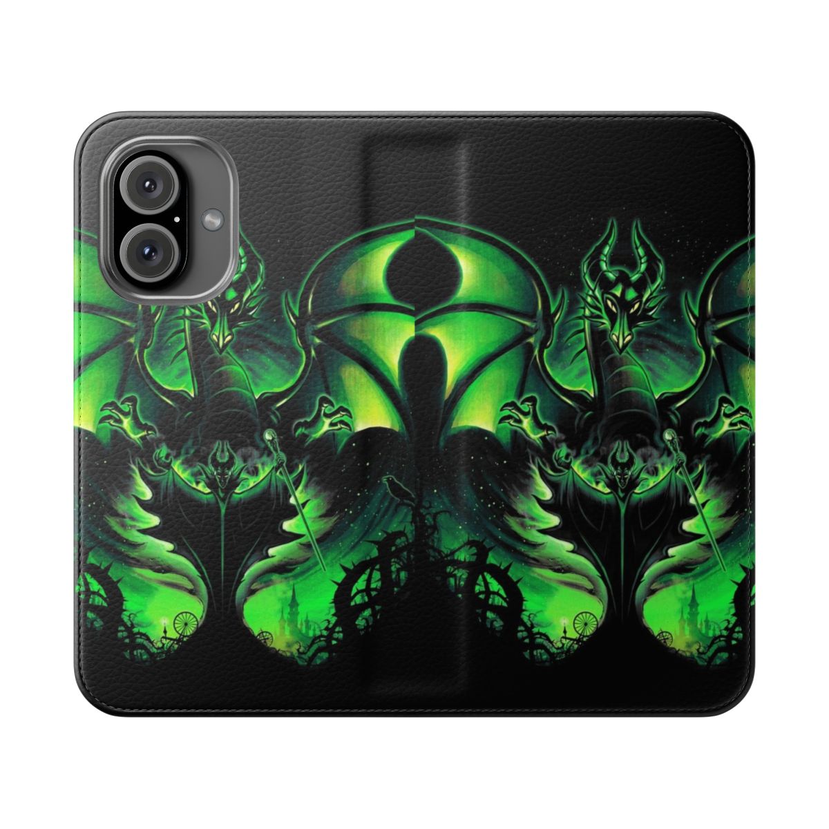 Flip cover phone case with a dark, gothic design inspired by the Disney villain Maleficent and the fantasy tale of Sleeping Beauty.