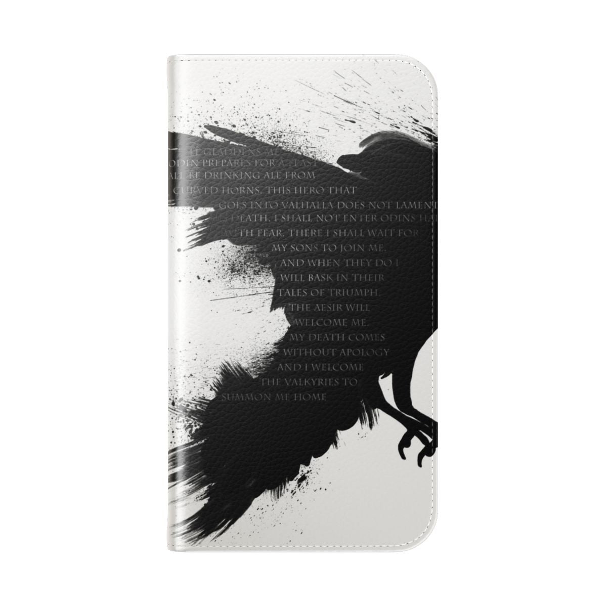 Flip phone case with a black and white design featuring a crow or raven, inspired by Norse mythology and the Vikings. - Folded Back