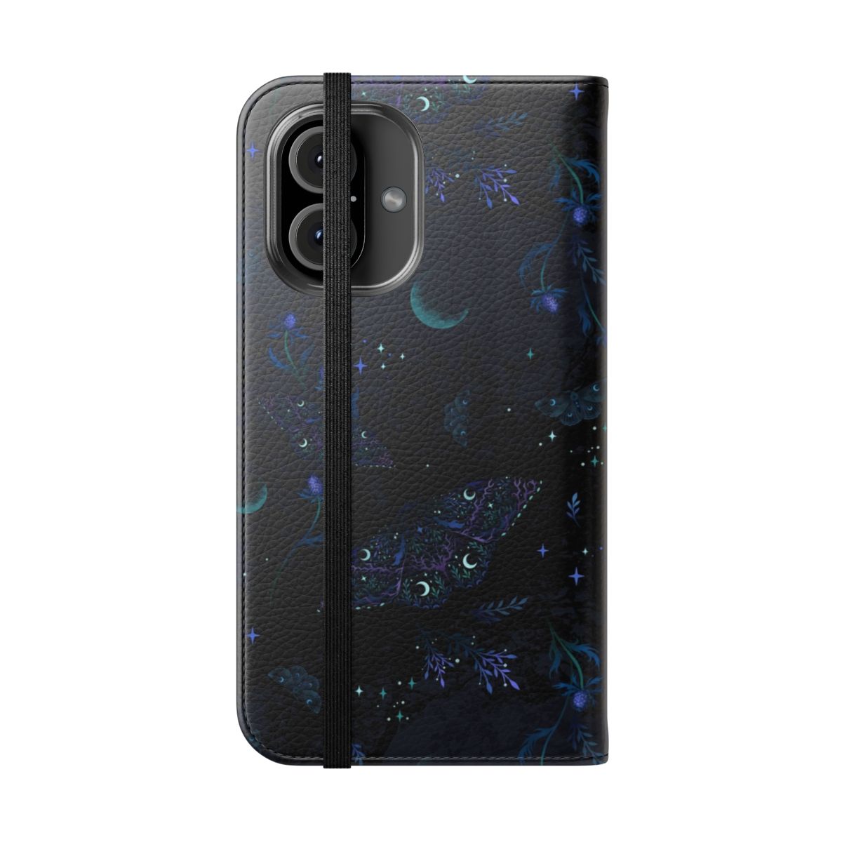 Black witch moth pattern flip cover phone case with floral and insect design - Folded Front