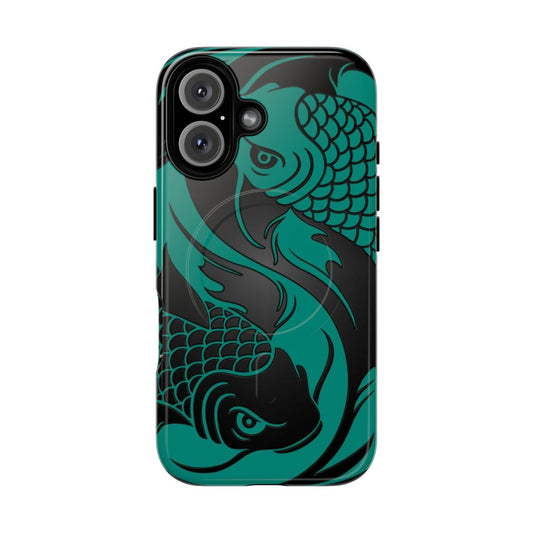 Teal blue and black yin yang koi fish design on a durable and protective magnetic phone case