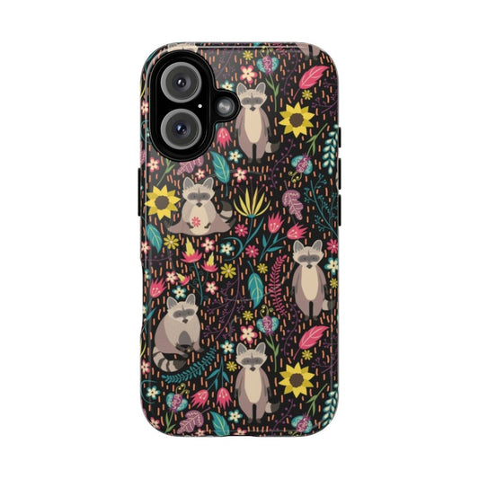 Vibrant raccoon surrounded by floral nature design on a phone case