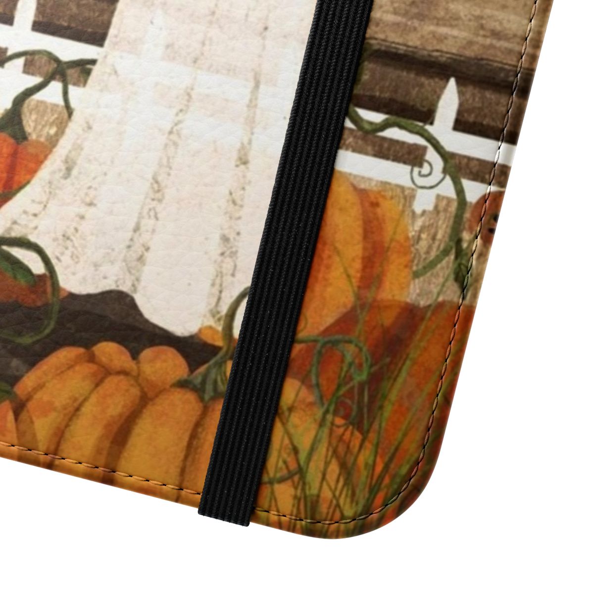 Flip cover phone case with a vintage style illustration of a haunted pumpkin patch scene - Close Up