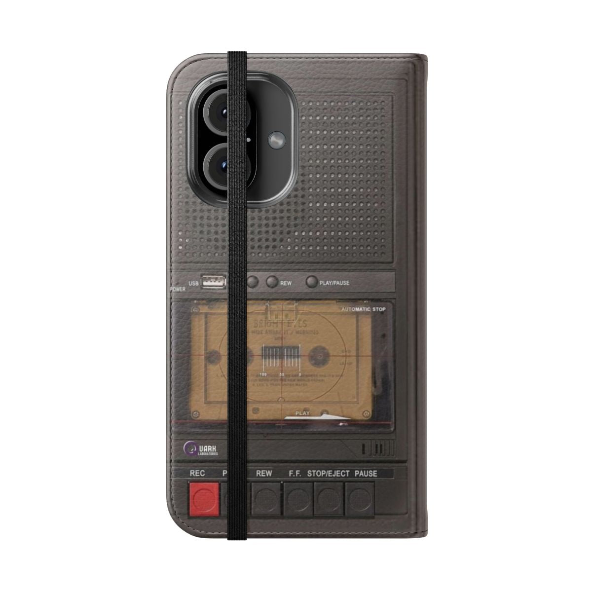 Tape recorder-themed flip cover phone case with paranormal horror design - Folded Front