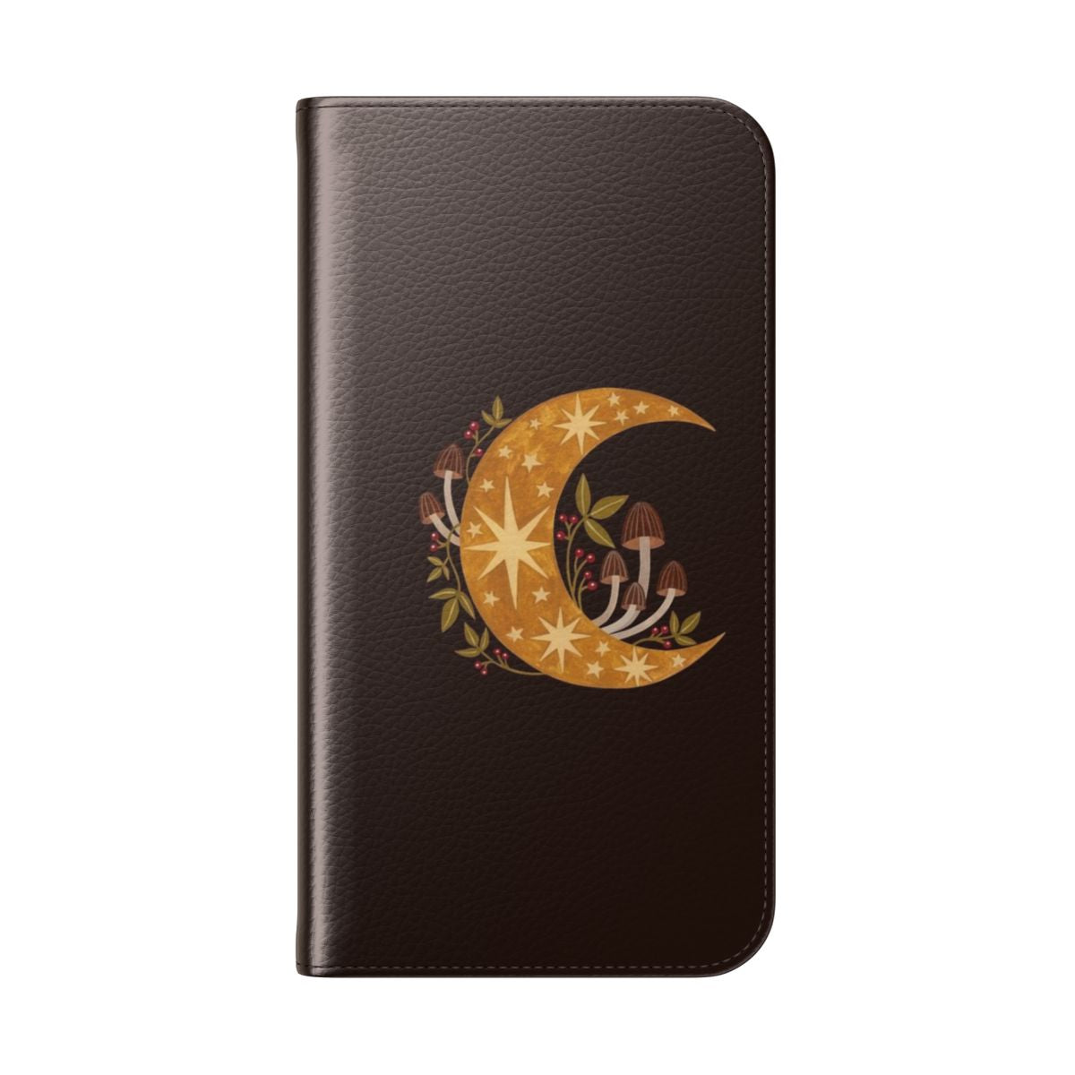 Enchanted forest moon phone case featuring nature elements like mushrooms, berries, and a starry sky. - Folded Back