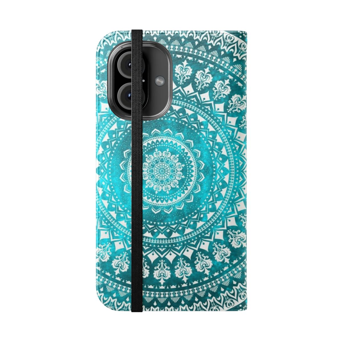 Vibrant mandala-patterned turquoise phone case with intricate tribal design - Folded Front