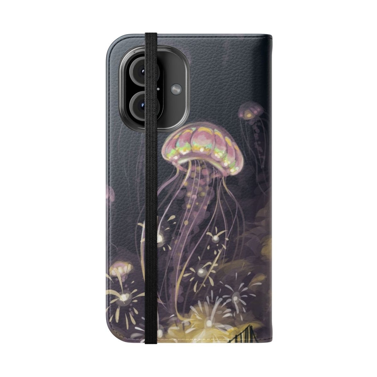 Artistic phone case with a beautiful nature and scenery design featuring a jellyfish, night sky, fireworks, and bridge. - Folded Front