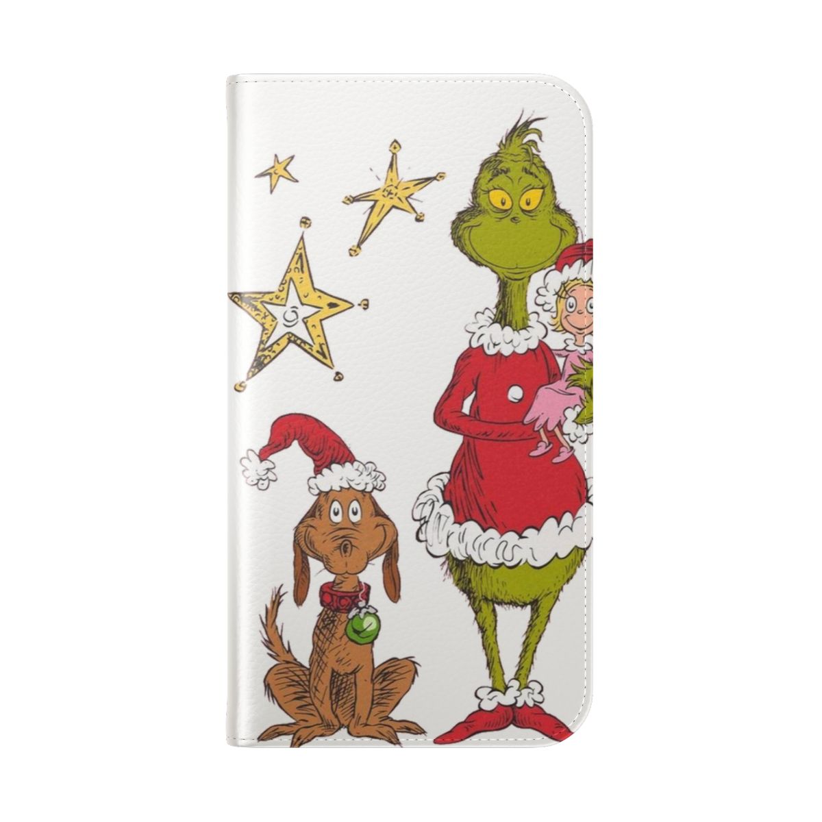 A flip cover phone case featuring the Grinch, a popular Christmas character. - Folded Back