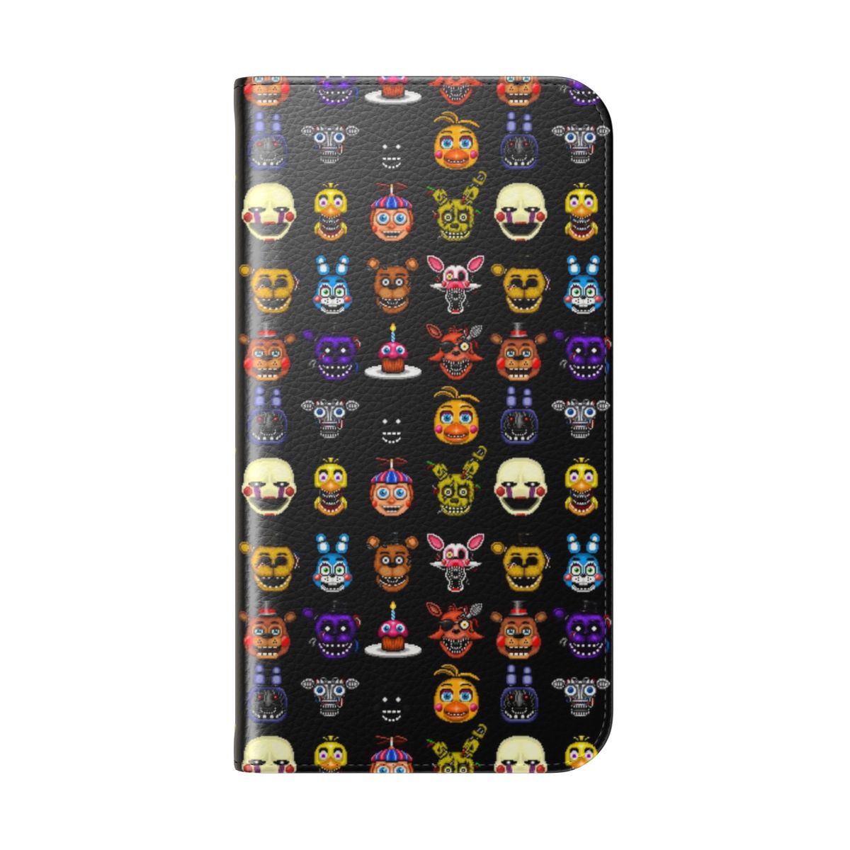 Pixel art flip cover phone case featuring multiple Five Nights at Freddy's characters - Folded Back