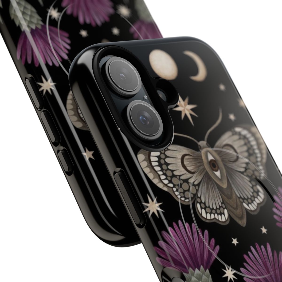 Thistle and moth phone case design featuring a magical, nocturnal moth and ornate thistles against a celestial moon and star-filled background - Detail