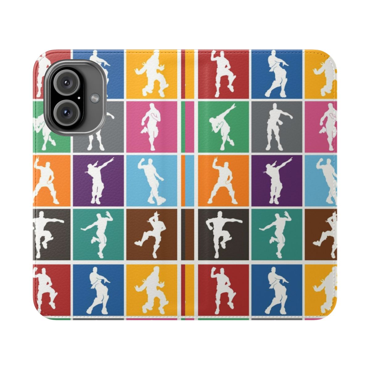 Colorful rainbow lattice design phone case with Fortnite-inspired victory dance