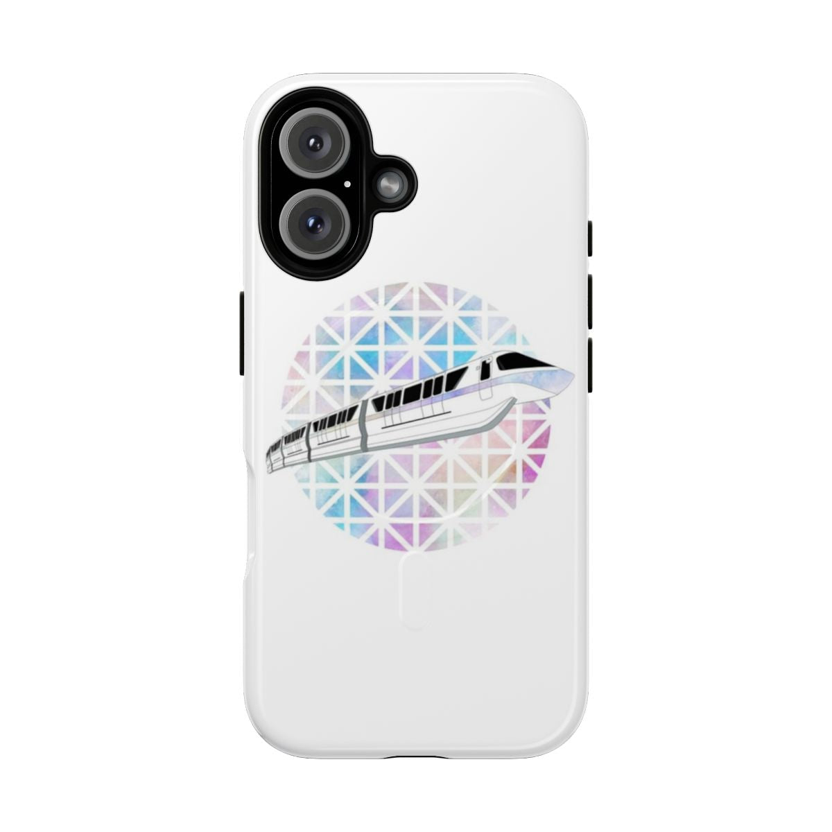 Colorful phone case featuring a graphic design of a monorail with rainbow colors, Spaceship Earth, and Disney World/Disneyland theming.