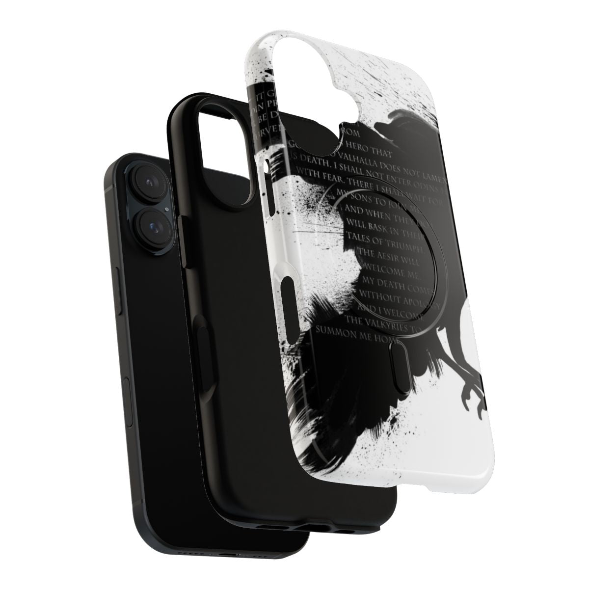 Magnetic phone case with a black and white illustration of a raven and inspirational quote, suitable for fans of Vikings and Norse mythology. - Layers