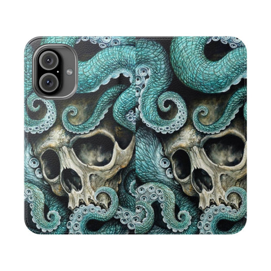 Flip cover phone case featuring a dark, moody oil painting of a skull and octopus tentacles.