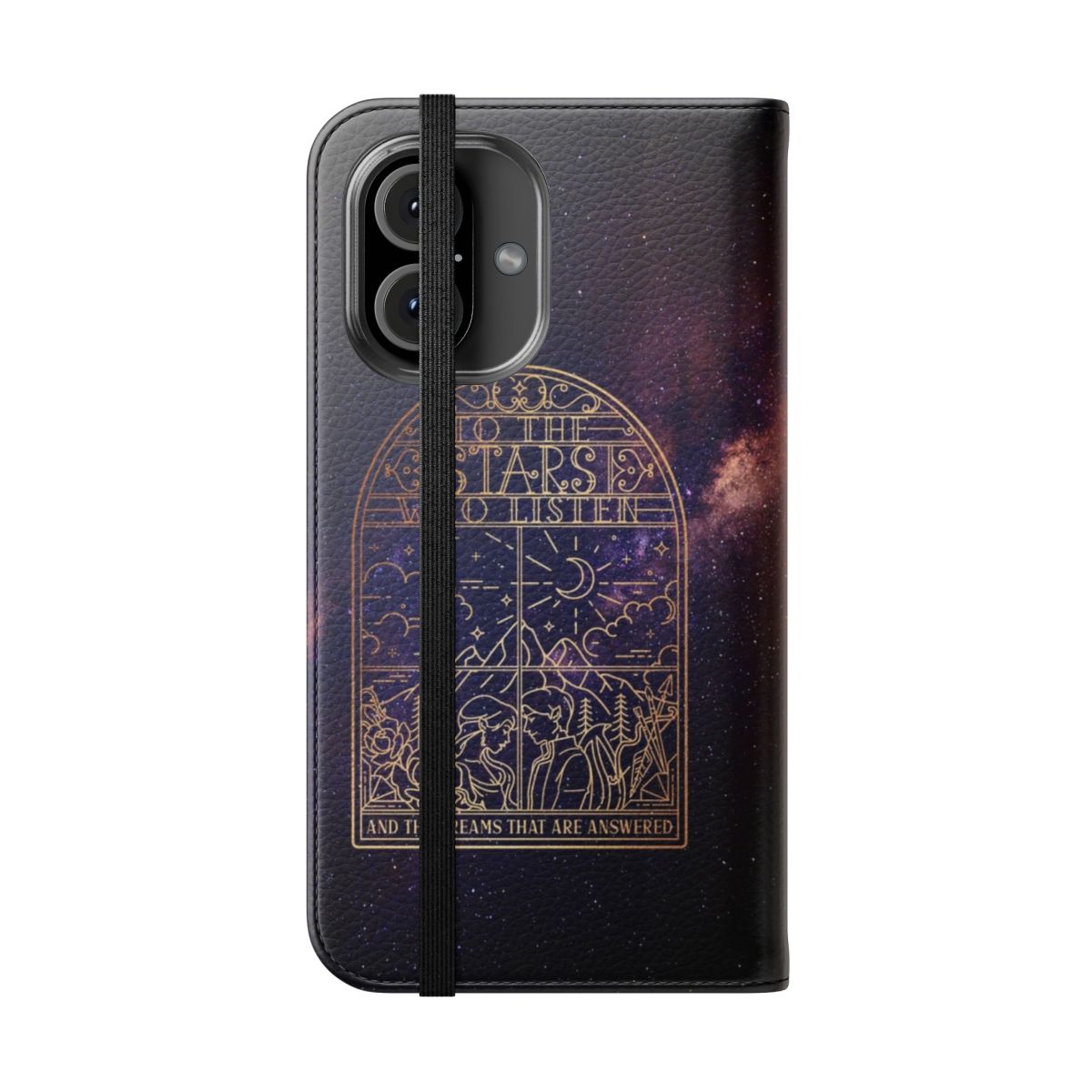 Flip cover phone case featuring a starry night sky design, inspired by the ACOTAR book series by Sarah J. Maas. - Folded Front