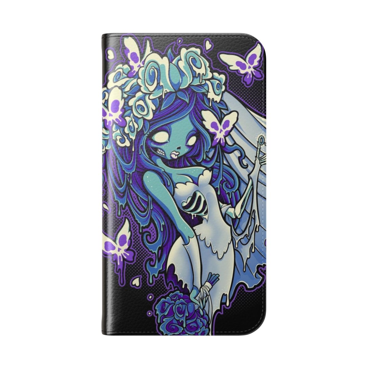 Decaying Dreams Gothic Phone Case featuring a dark skull, butterflies, and dark imagery - Folded Back