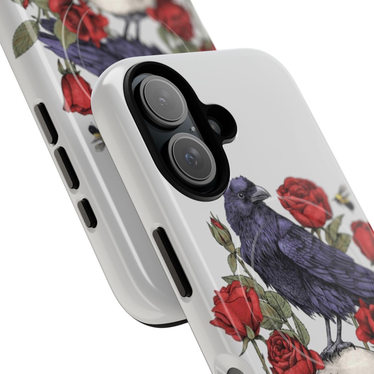 Memento mori inspired phone case with ravens, skulls, and floral design - Detail