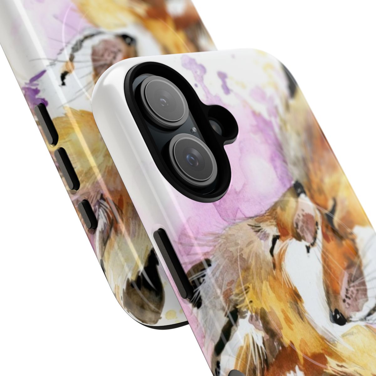 Watercolor illustration of a fox mother and her cub on a pink phone case - Detail